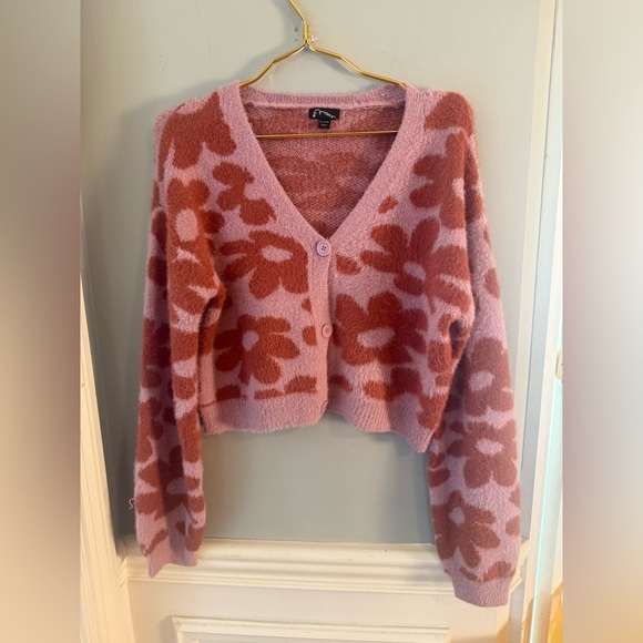 Art Class Girls XL 14/16 Pink Rust Floral Fuzzy Cropped Cardigan Sweater - Picture 7 of 7